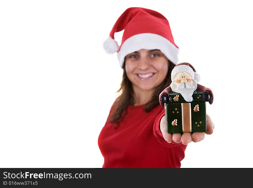 Santa woman holding small christmas present box in the hand isolated on white background