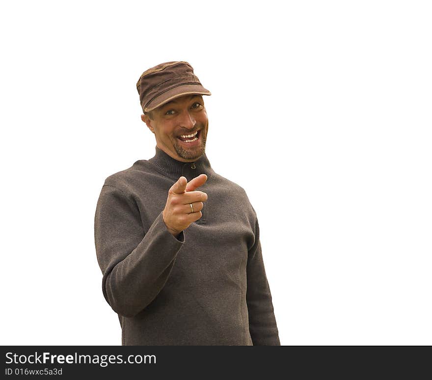 Smiling man pointing finger at someone