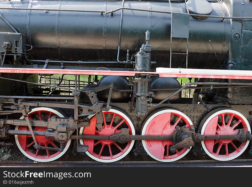 Red wheels of steam locomotive. Red wheels of steam locomotive