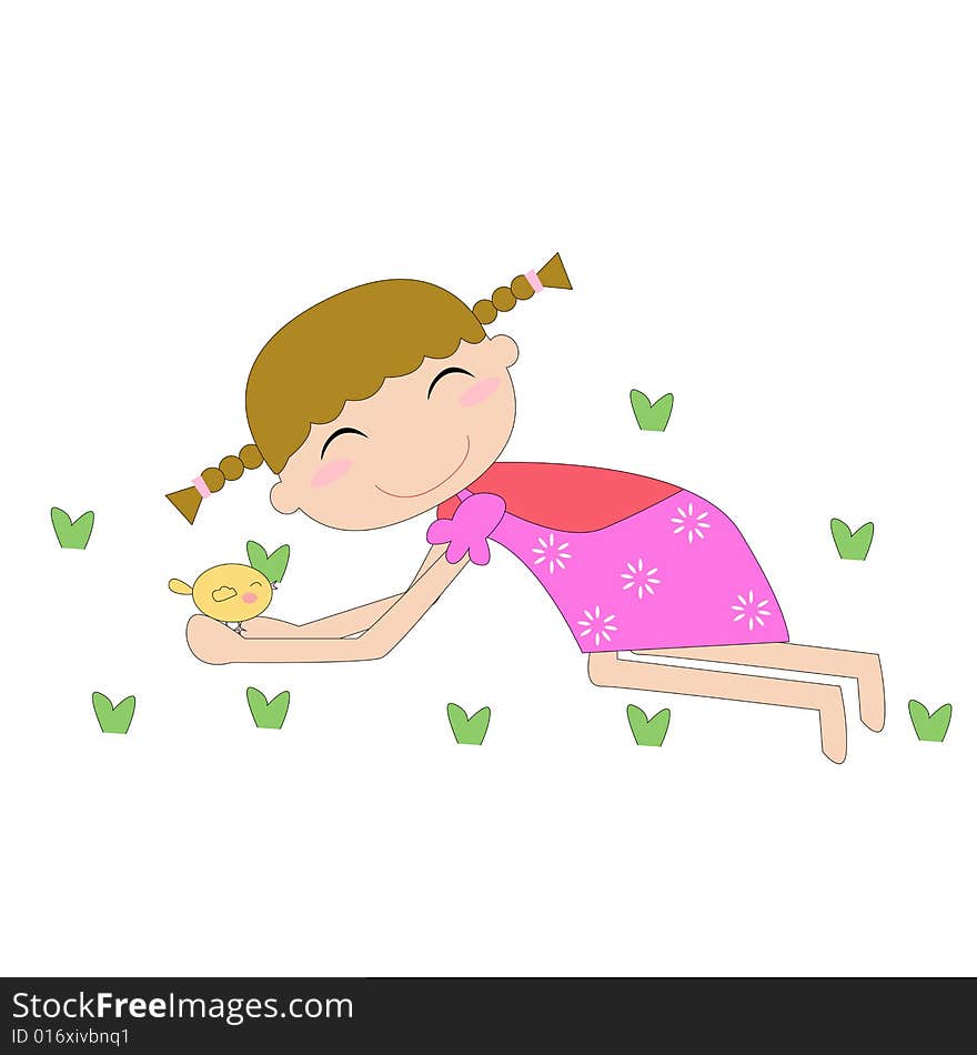 Vector illustration of cute girl and chick