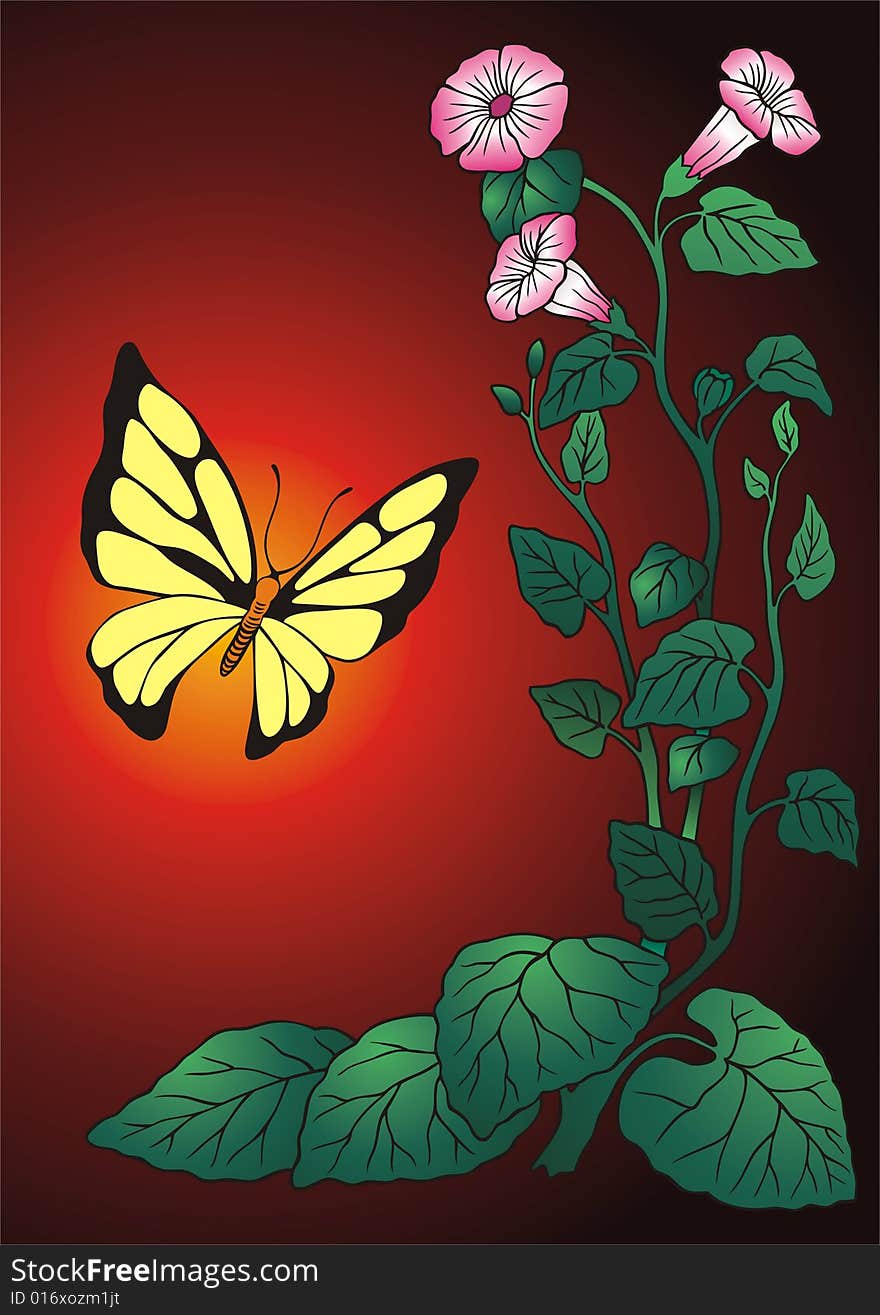 Twisted flower with the butterfly. A card. Twisted flower with the butterfly. A card.