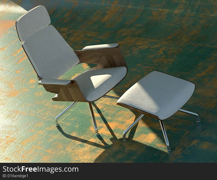 Minimalist white and wood chair on a grunge background with attractive late-afternoon sunlight. Minimalist white and wood chair on a grunge background with attractive late-afternoon sunlight.
