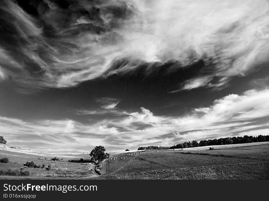 Landscape at evening with nice clouds in summertime