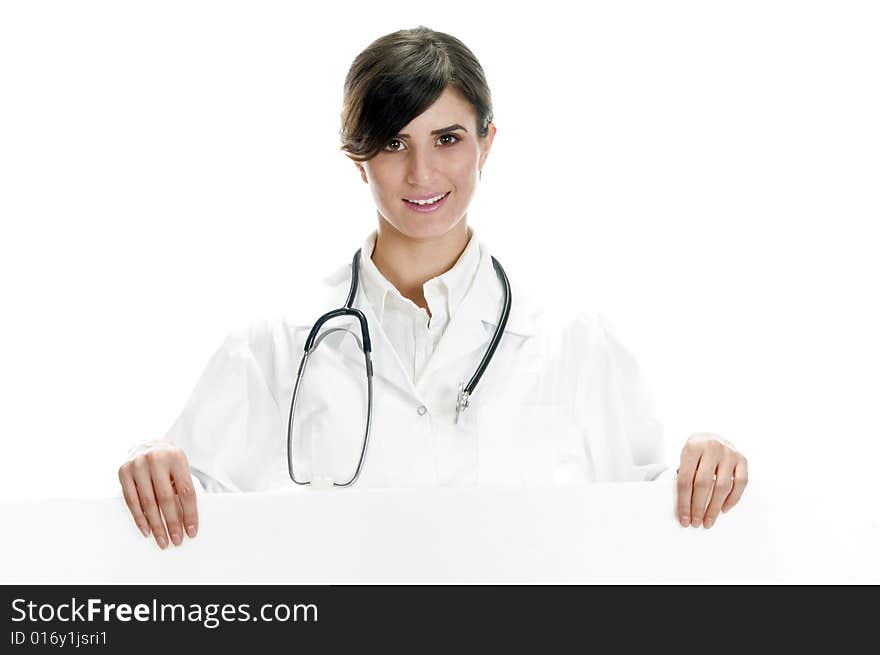 Lady doctor standing with placard with white background
