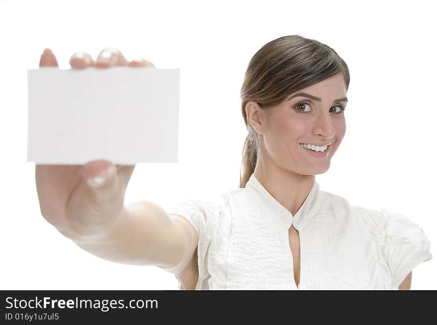 Smiling lady showing visiting card on an isolated white background