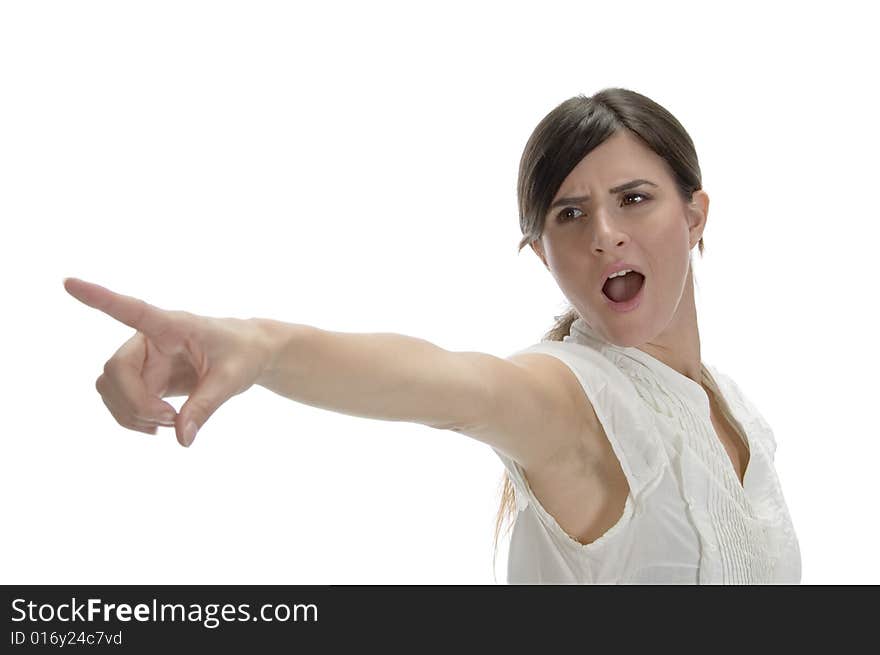 Lady pointing side on an isolated white background