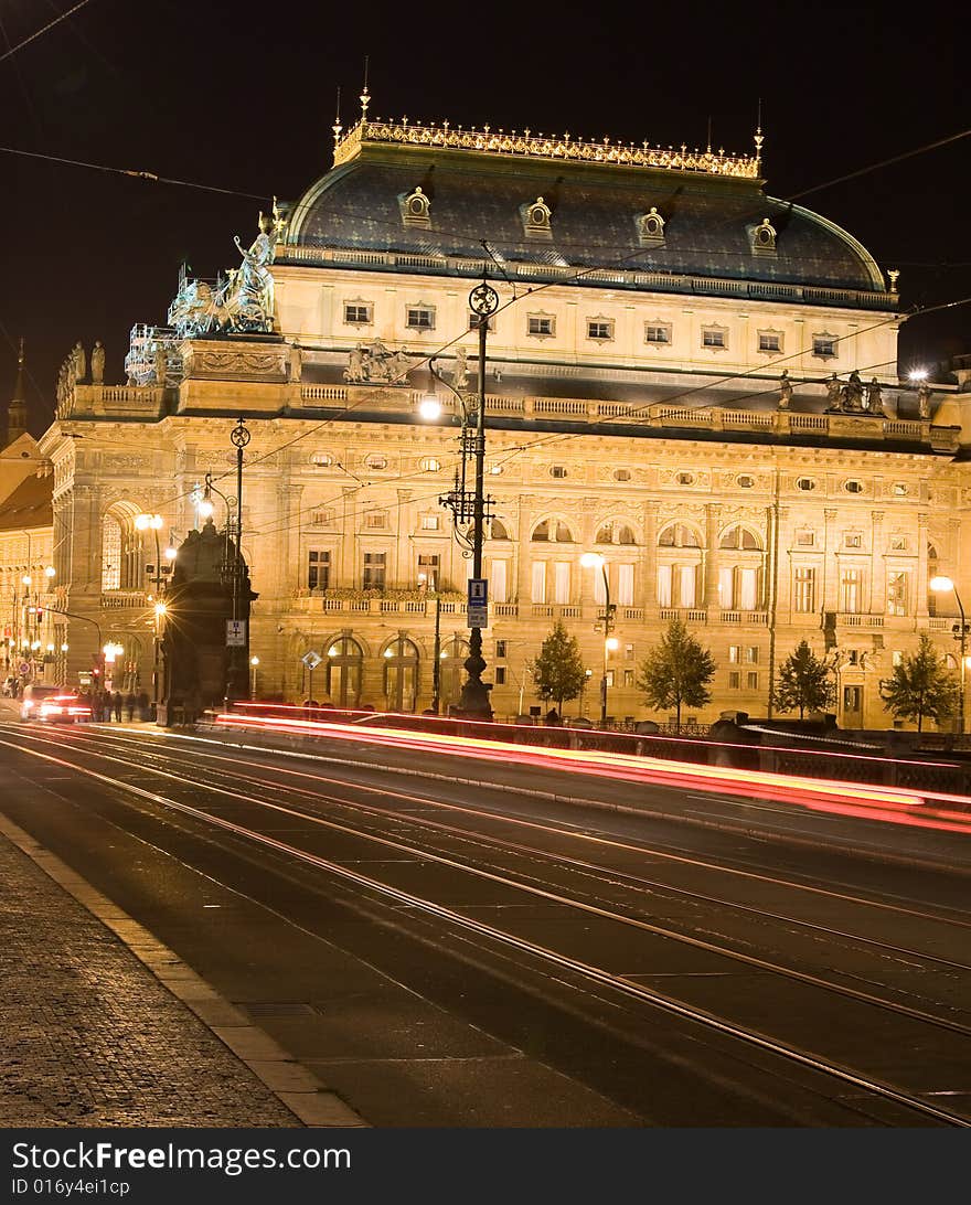 Night view to National theater with car light prints on the bridge. Night view to National theater with car light prints on the bridge.