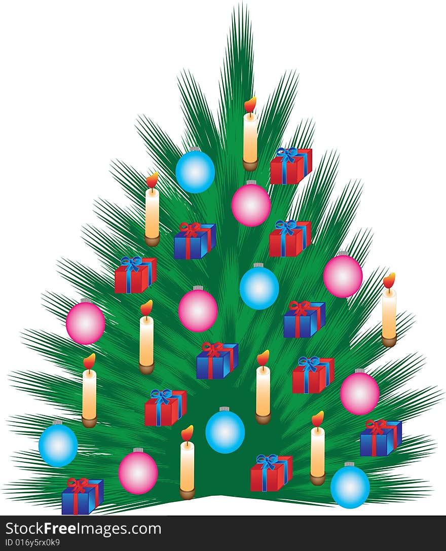 The vector illustration contains the image of christmas pine with balls and candle. The vector illustration contains the image of christmas pine with balls and candle