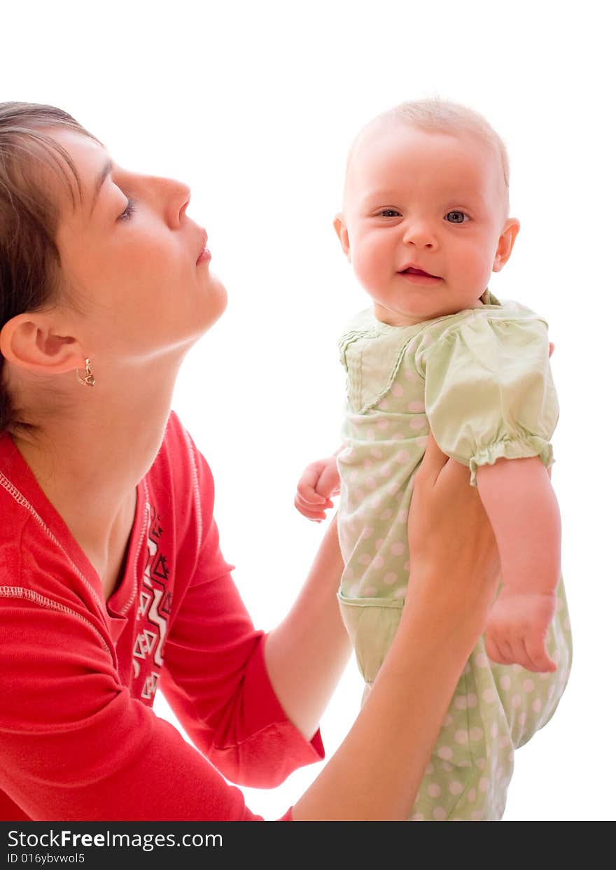 Happy baby with mom isolated on white