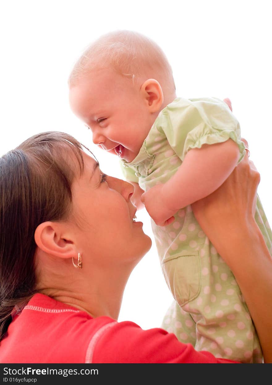 Happy baby with mom isolated on white