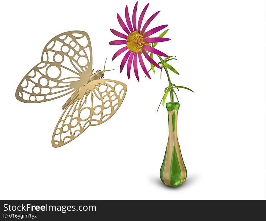 The image of the metal butterfly, 3D rendering. The image of the metal butterfly, 3D rendering