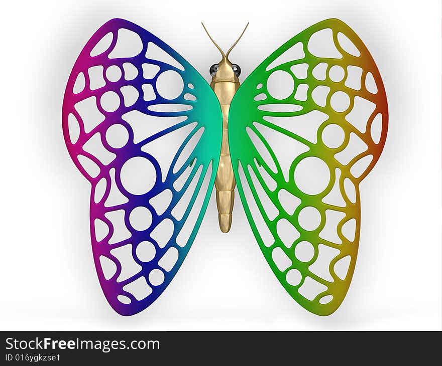 The image of the metal butterfly, 3D rendering. The image of the metal butterfly, 3D rendering