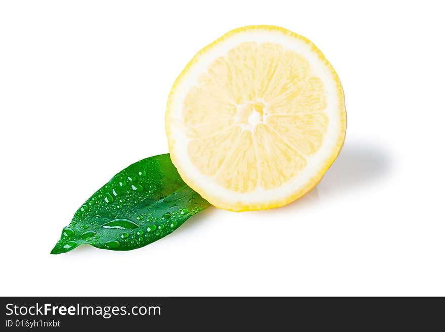 Isolated slice of lemon with wet leaf