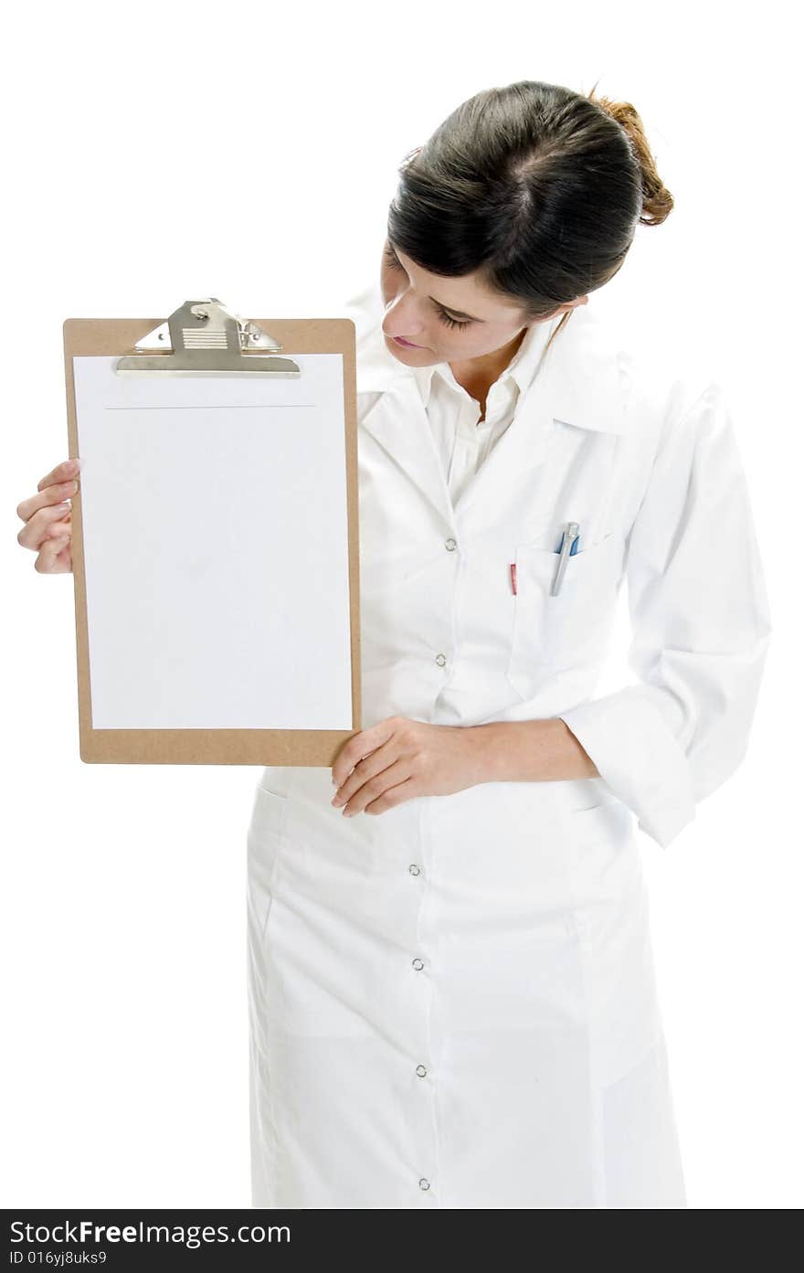 Lady doctor looking paper in writing board with white background