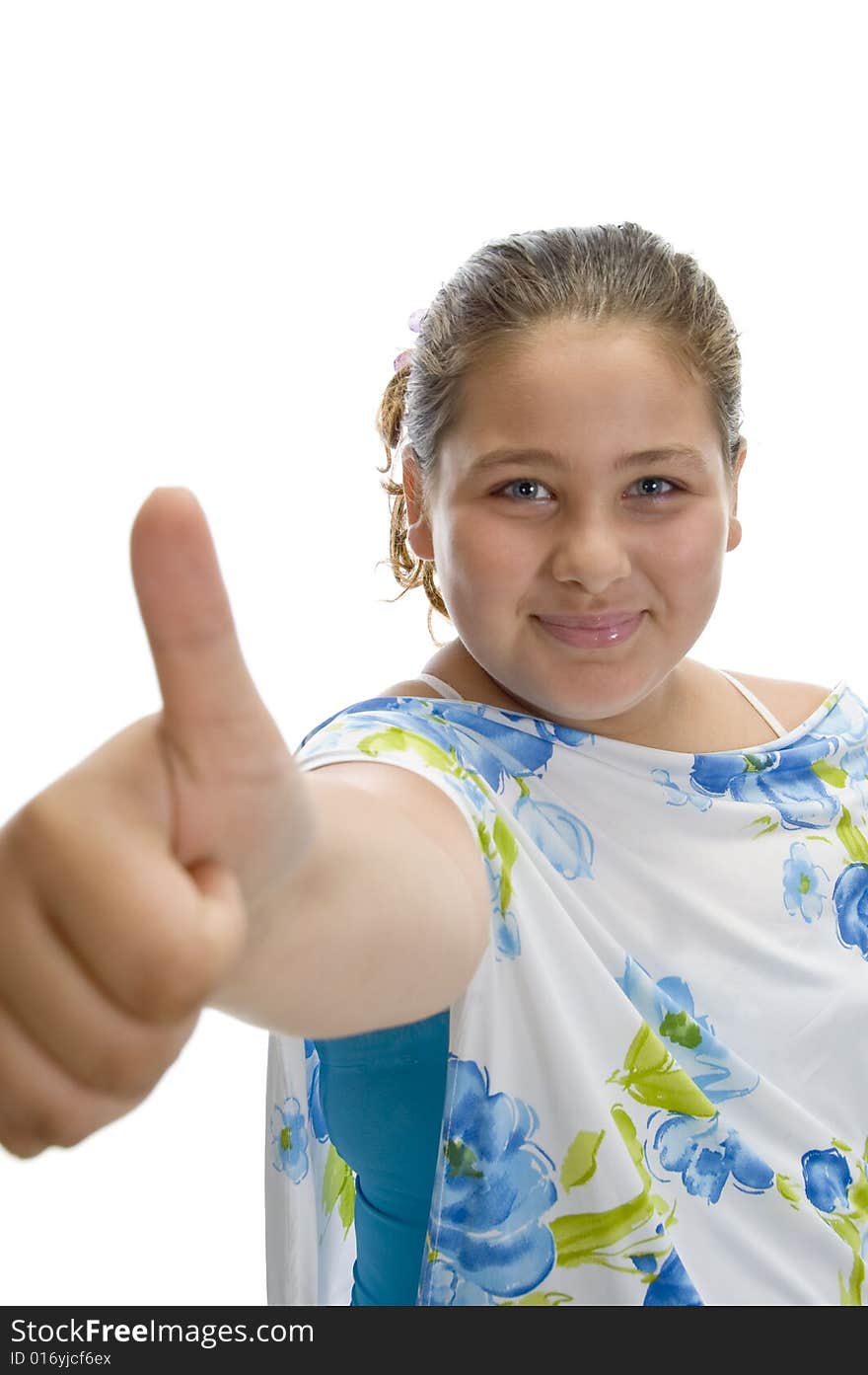 Girl wishing good luck on an isolated white background