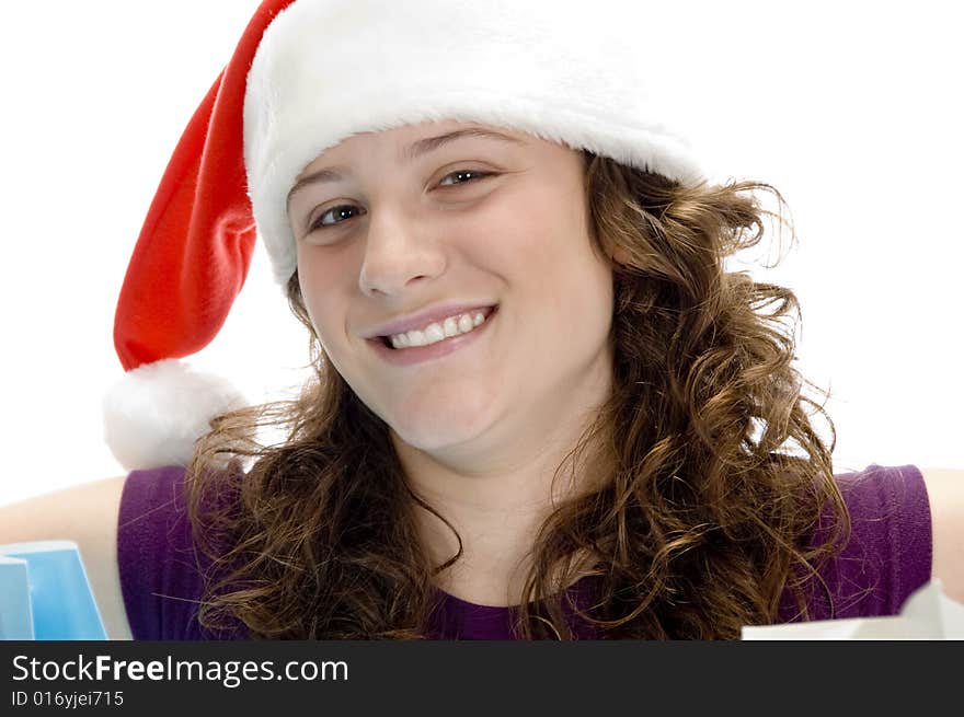 Cheerful Woman With Santa Cap