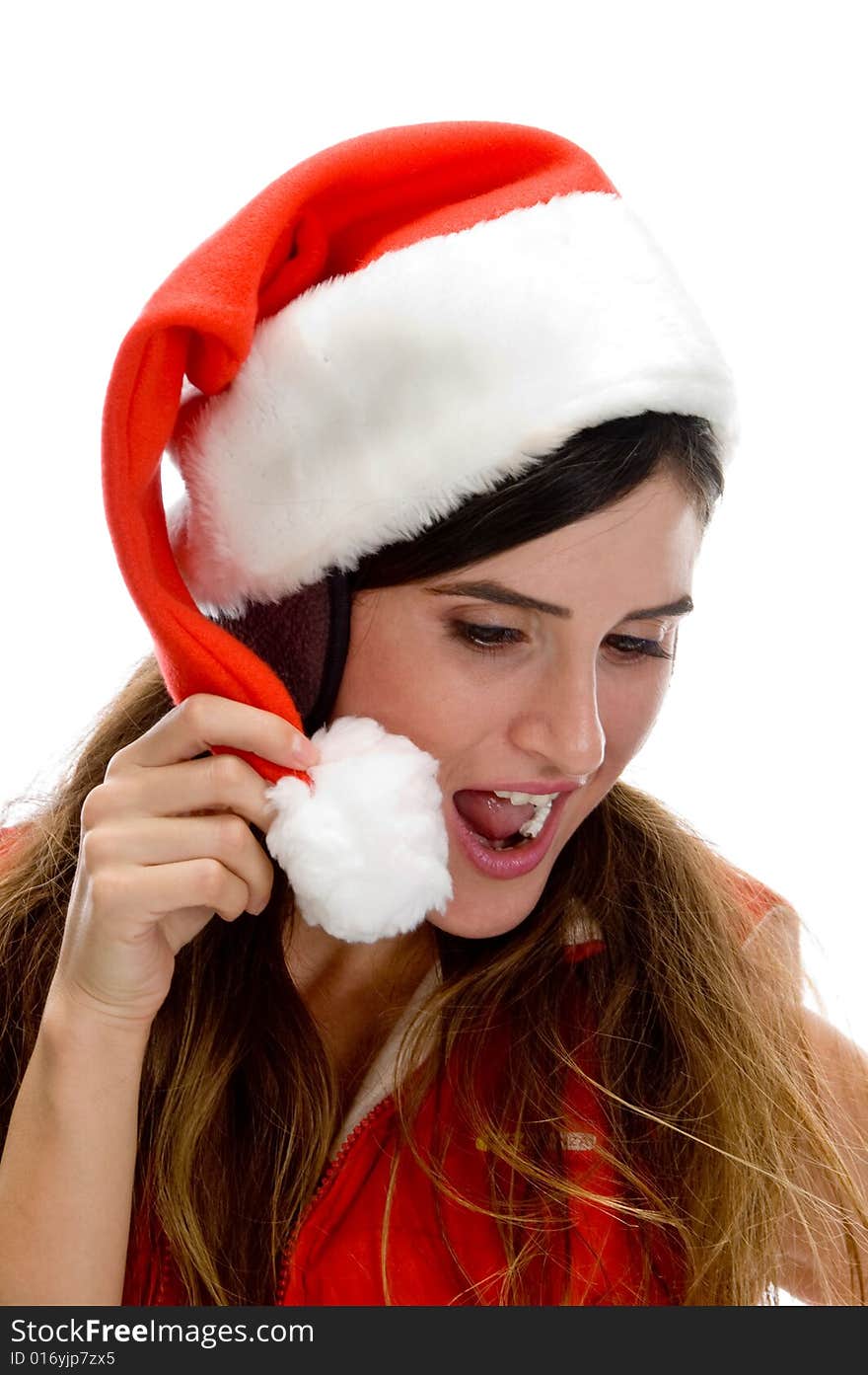 Woman with santa cap and looking downward on an isolated white background