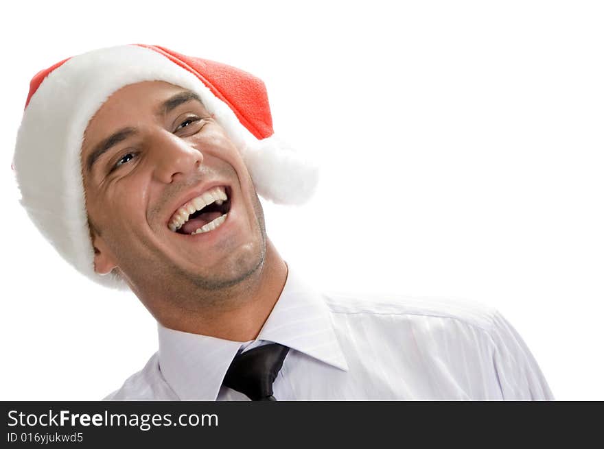 Businessman burst into laughter against white background