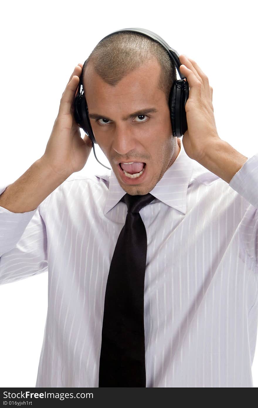 Businessman holding headphone on an isolated background