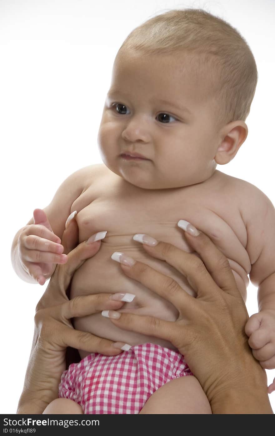 Mother hands holding baby against white background