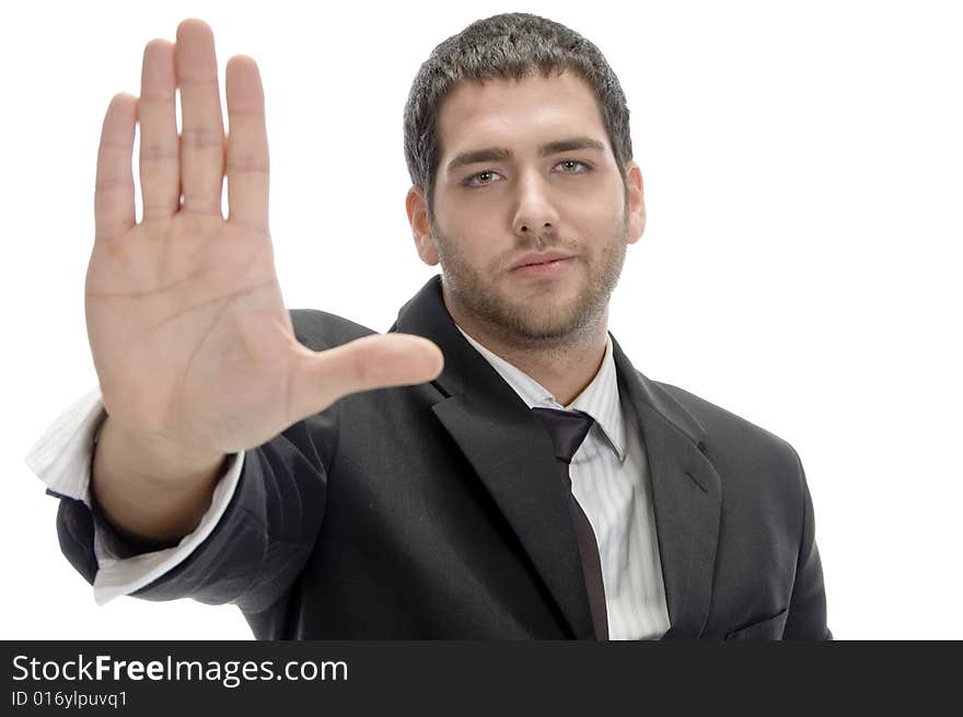 Businessman stopping someone on an isolated white background