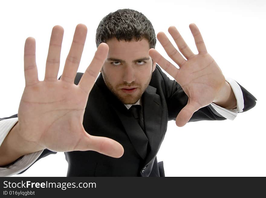 Young man with hand gesture isolated on white background