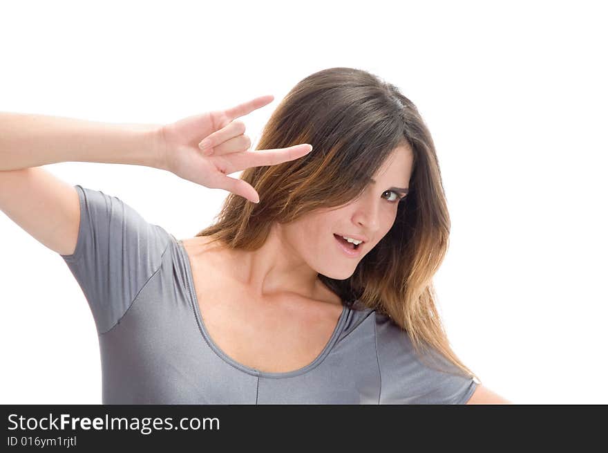 Lady showing hand gesture with white background