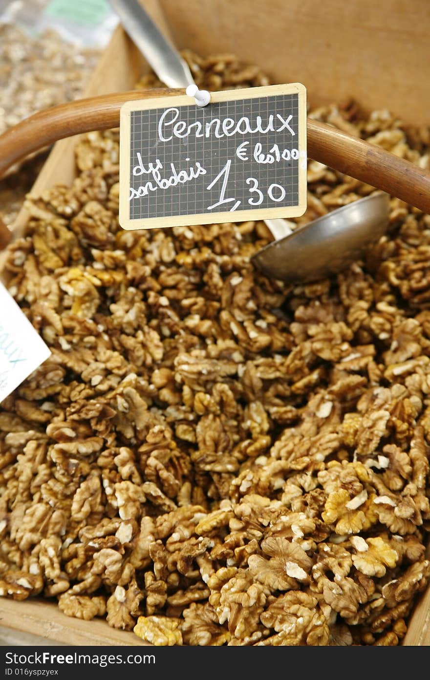 Walnut display in market in the south of france