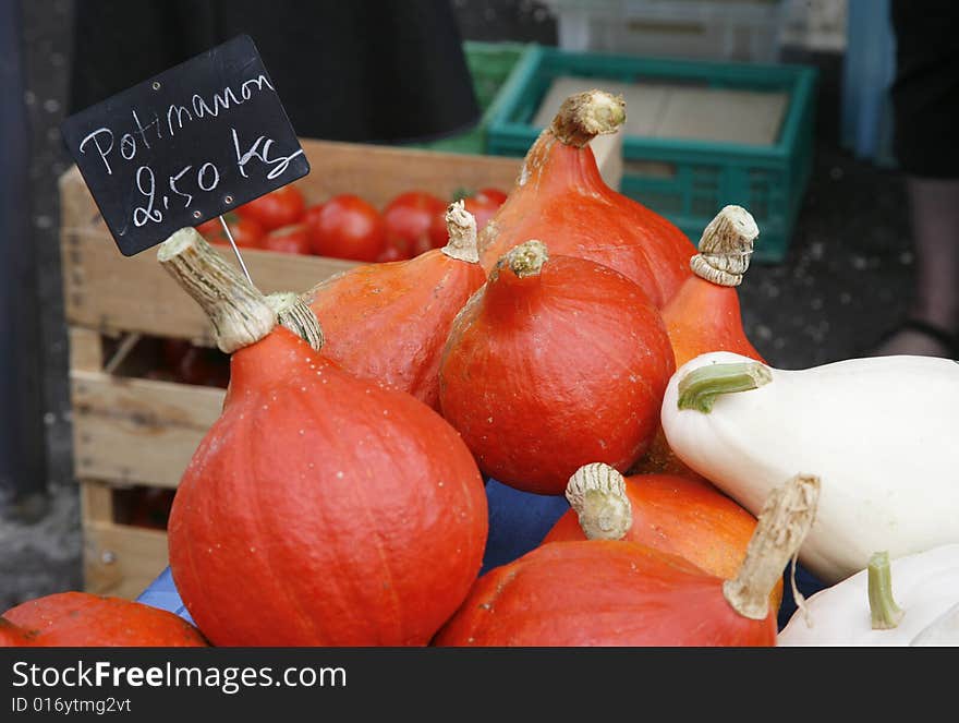 Fresh pumpkins at market in the south of France. Fresh pumpkins at market in the south of France