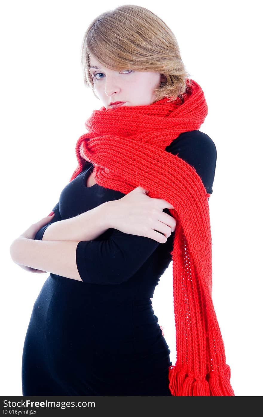 Beautiful girl in red scarf, studio isolated