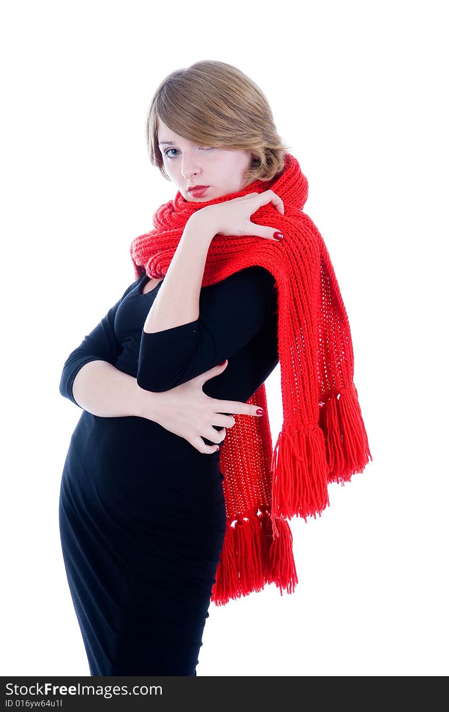 Beautiful girl in red scarf, studio isolated