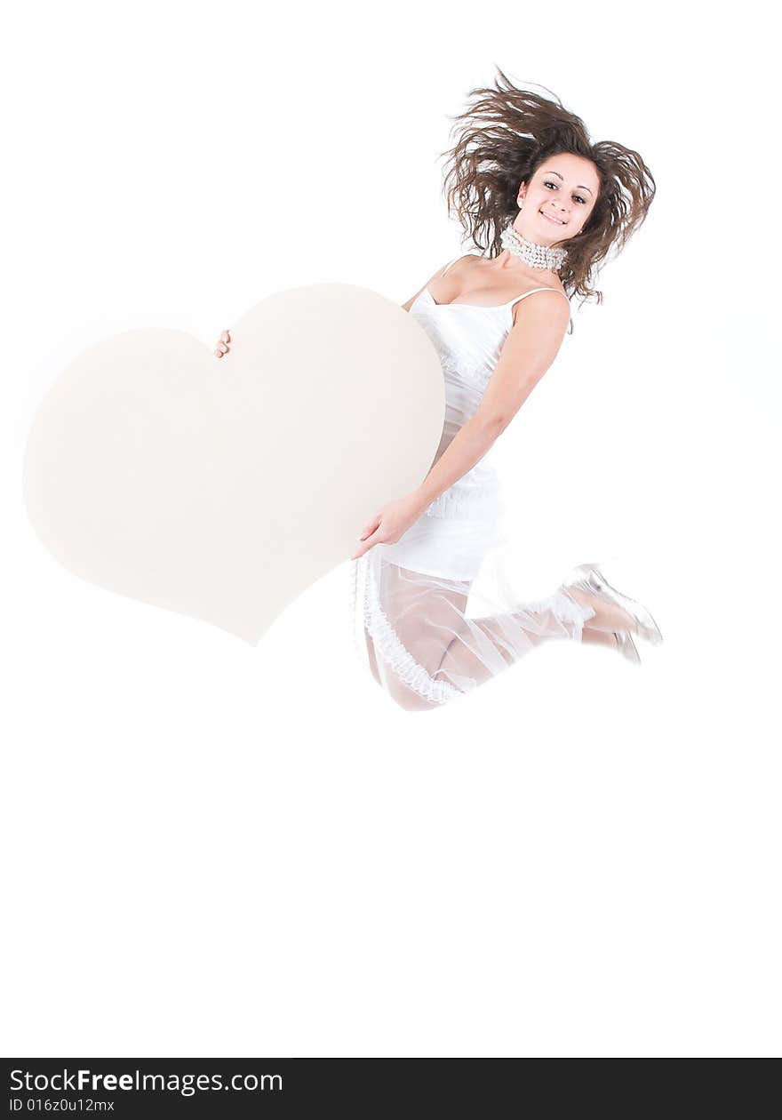 Girl jumping with heart shape, isolated on white background