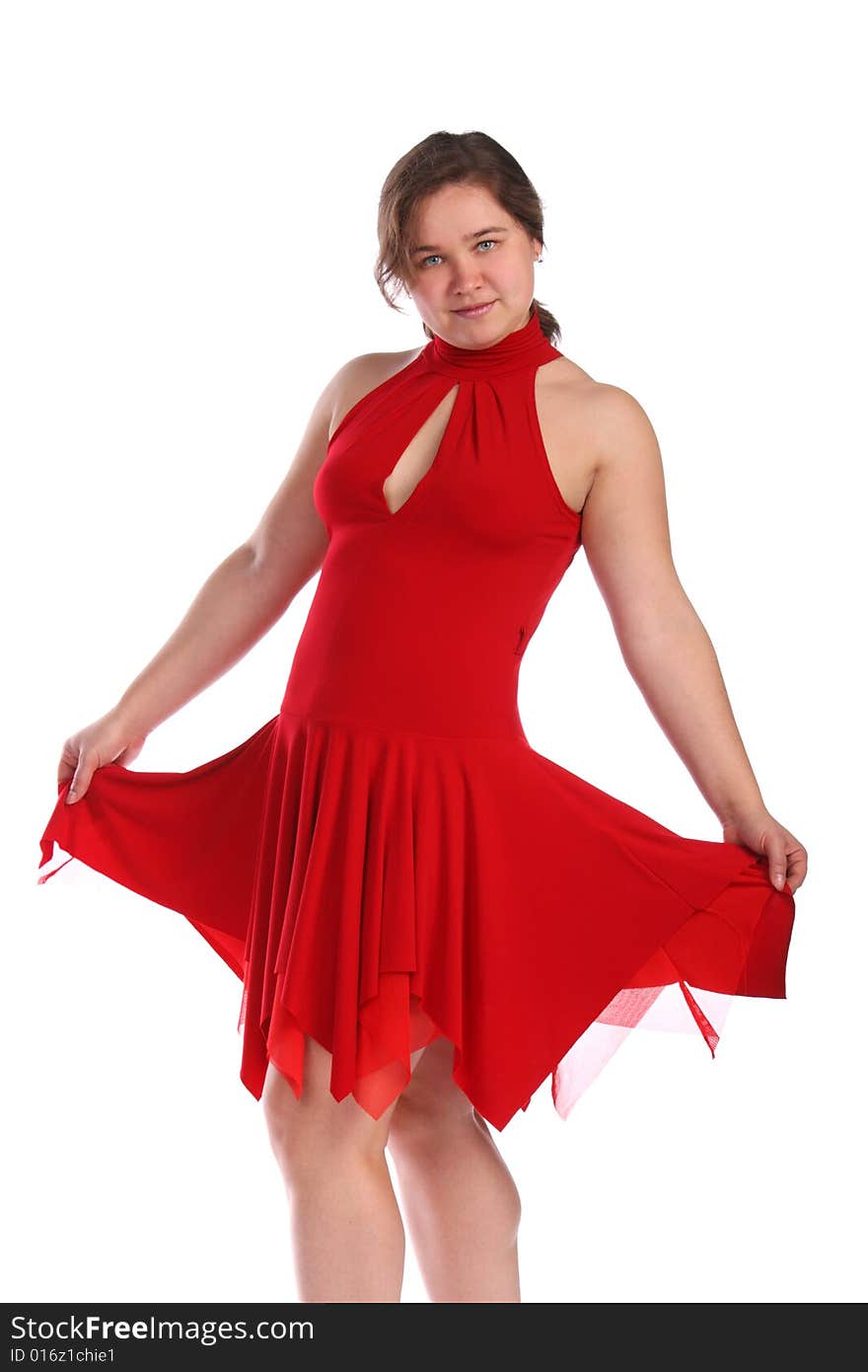 Chubby girl in red dress dancing