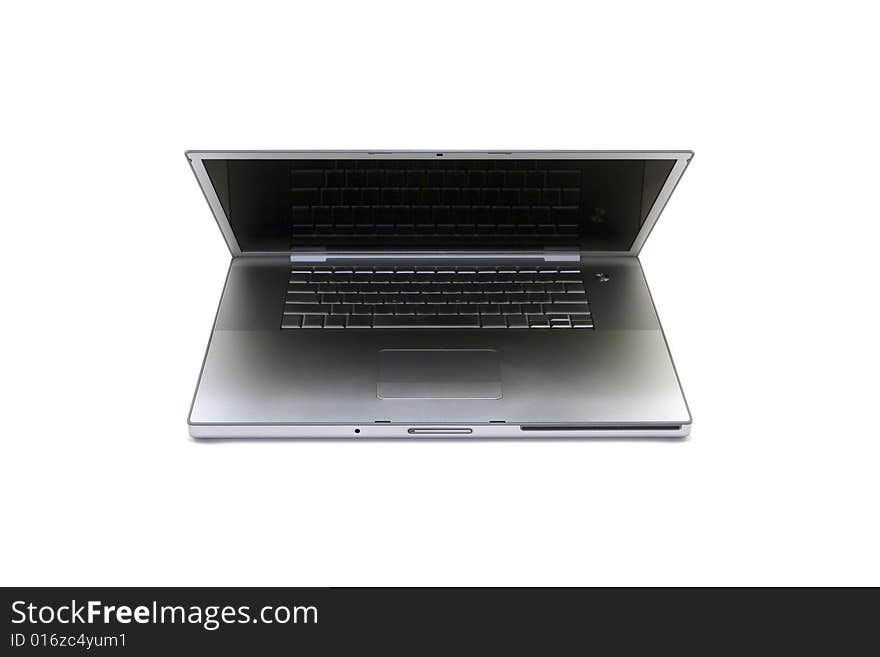 Silver laptop computer isolated on a white studio background with a black display. Silver laptop computer isolated on a white studio background with a black display.