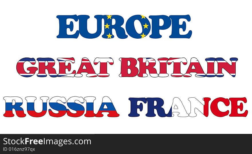 Illustration with some nation name, with their flag inside: Great Britain, France, Russia and the flag of Europe. Illustration with some nation name, with their flag inside: Great Britain, France, Russia and the flag of Europe.