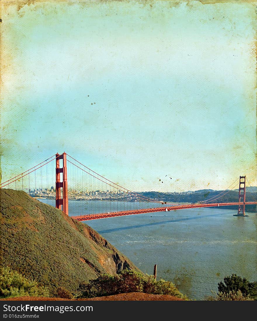 Golden Gate Bridge in San Francisco on a Grunge Background. Plenty of copy-space for your text. Golden Gate Bridge in San Francisco on a Grunge Background. Plenty of copy-space for your text.