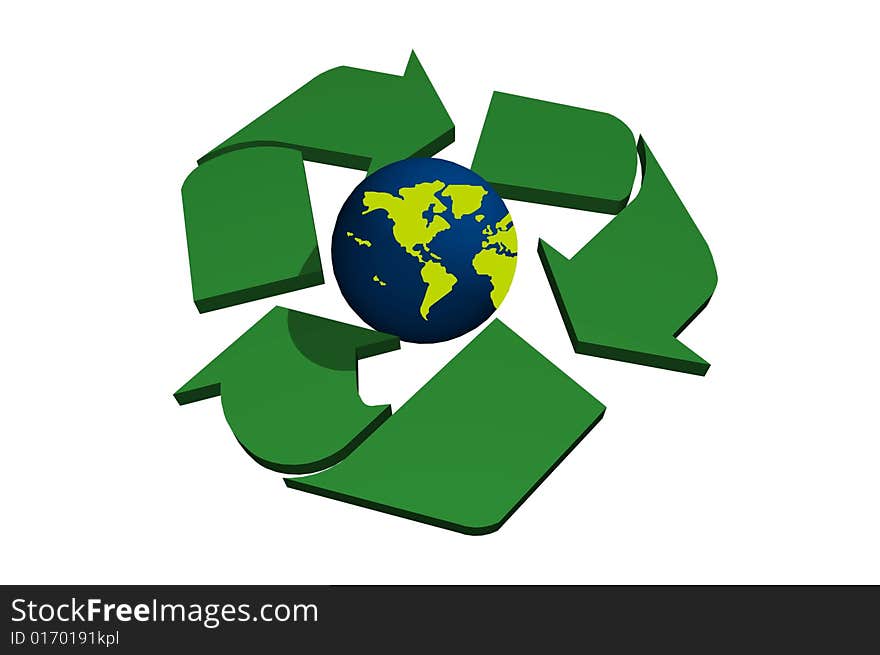 Abstract recycle symbol with planet Earth isolated over white