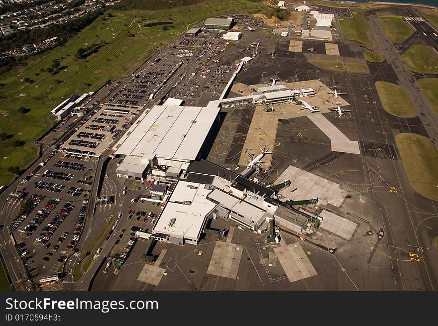 Aerial view of domestic and international termimals at Wellington Airport. Aerial view of domestic and international termimals at Wellington Airport