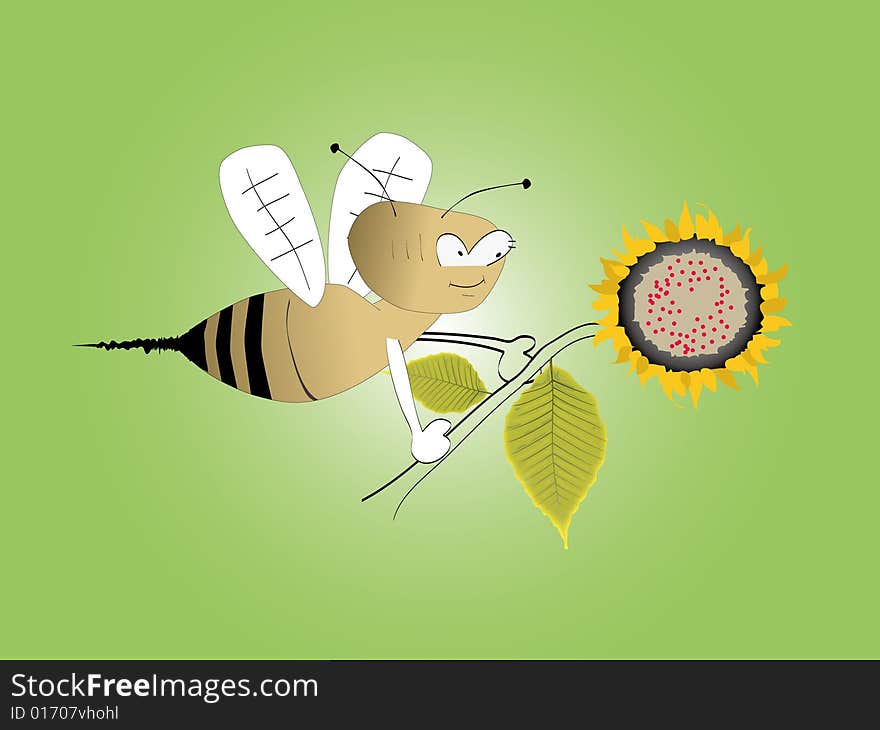 A lovely honeybee holding a  flower on green background. A lovely honeybee holding a  flower on green background