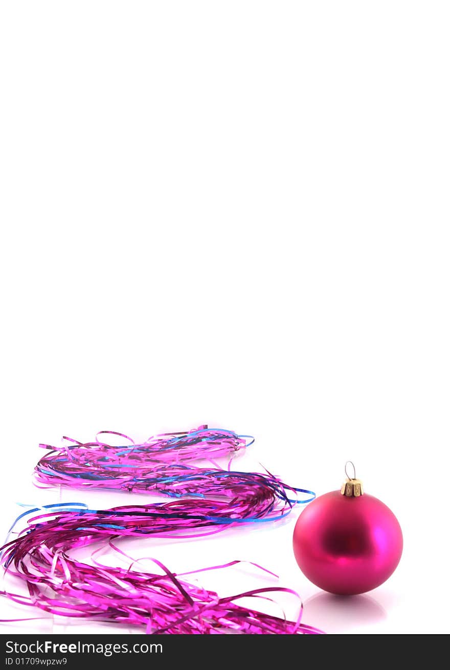 Background with a christmas-tree decoration and a tinsel on a white background.