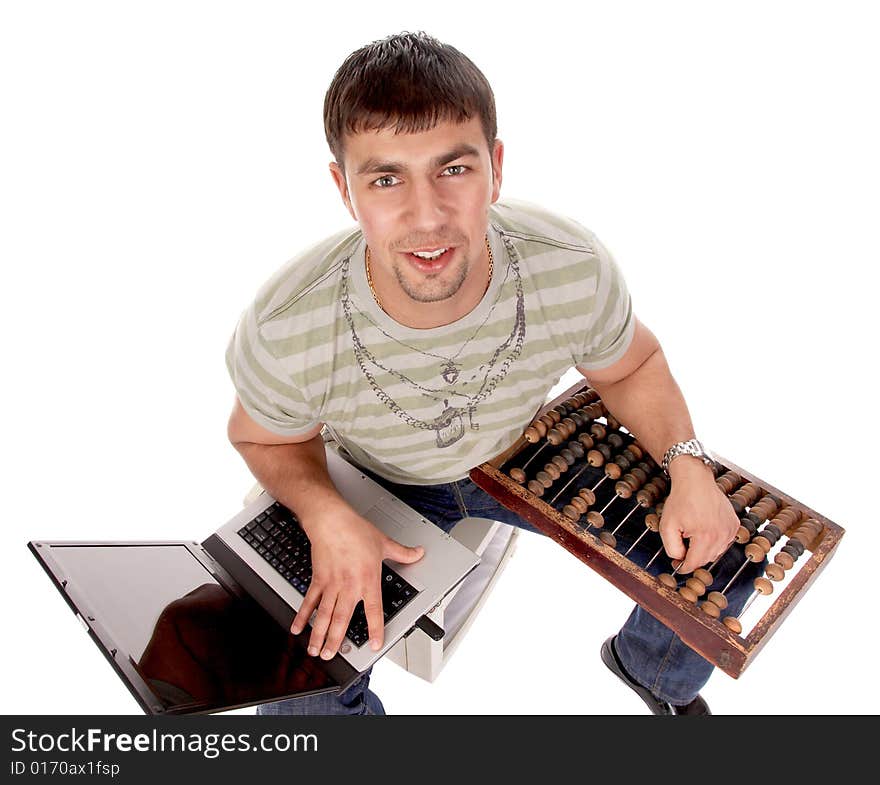 Modernity vs. old-fashionedness: young handsome guy with laptop and counting frame, isolated on white background. Modernity vs. old-fashionedness: young handsome guy with laptop and counting frame, isolated on white background