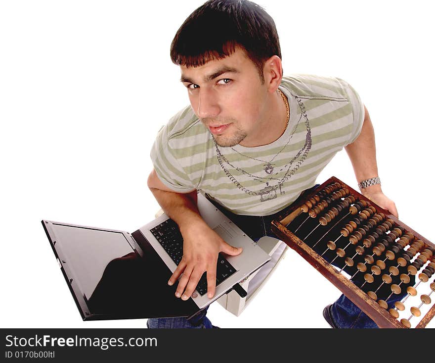 Modernity vs. old-fashionedness: young handsome guy with laptop and counting frame, isolated on white background. Modernity vs. old-fashionedness: young handsome guy with laptop and counting frame, isolated on white background