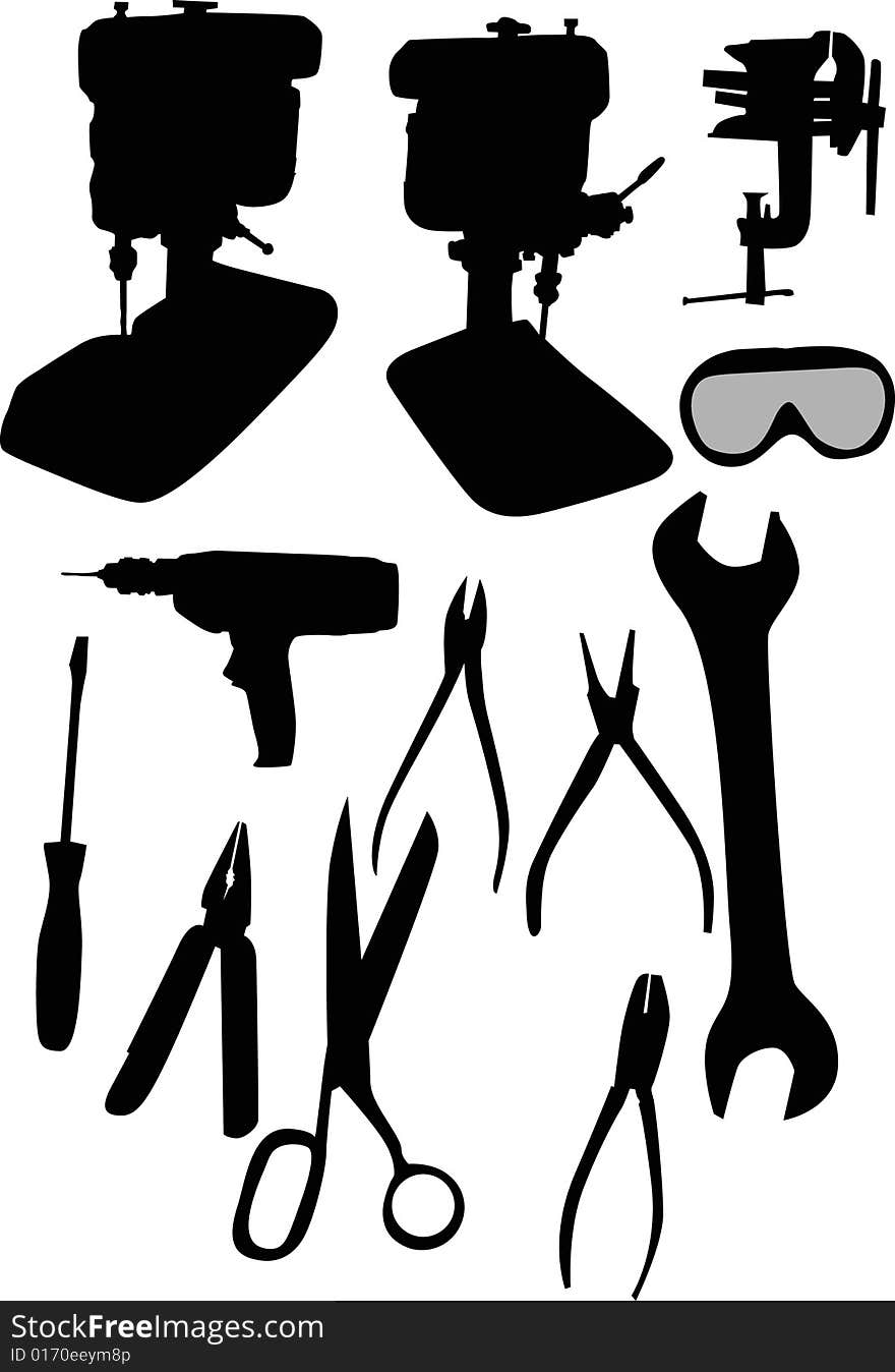 Illustration with different tools silhouettes isolated on white background. Illustration with different tools silhouettes isolated on white background