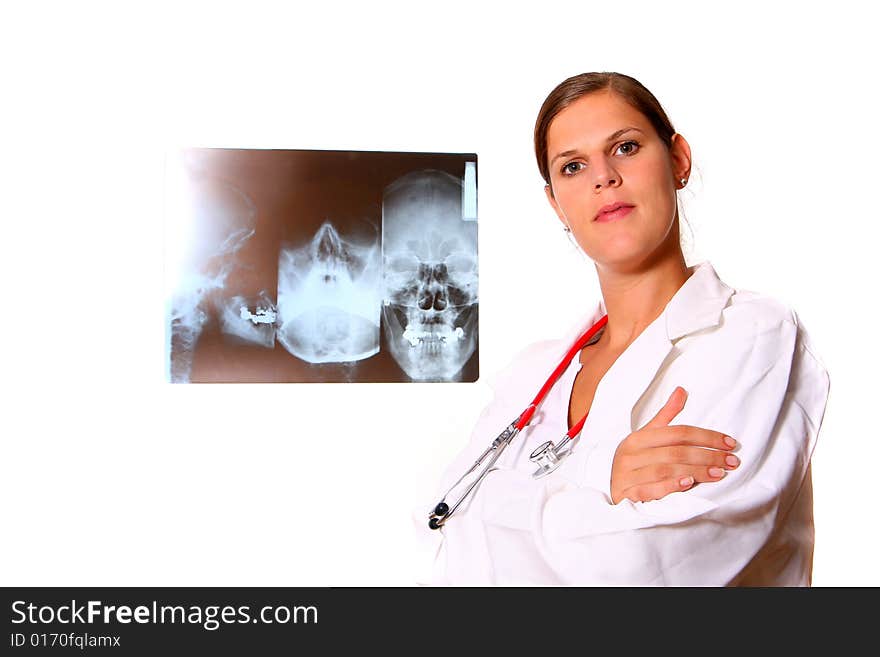 A young female doctor with a stethoscope around the neck ready for examination. Isolated over white.