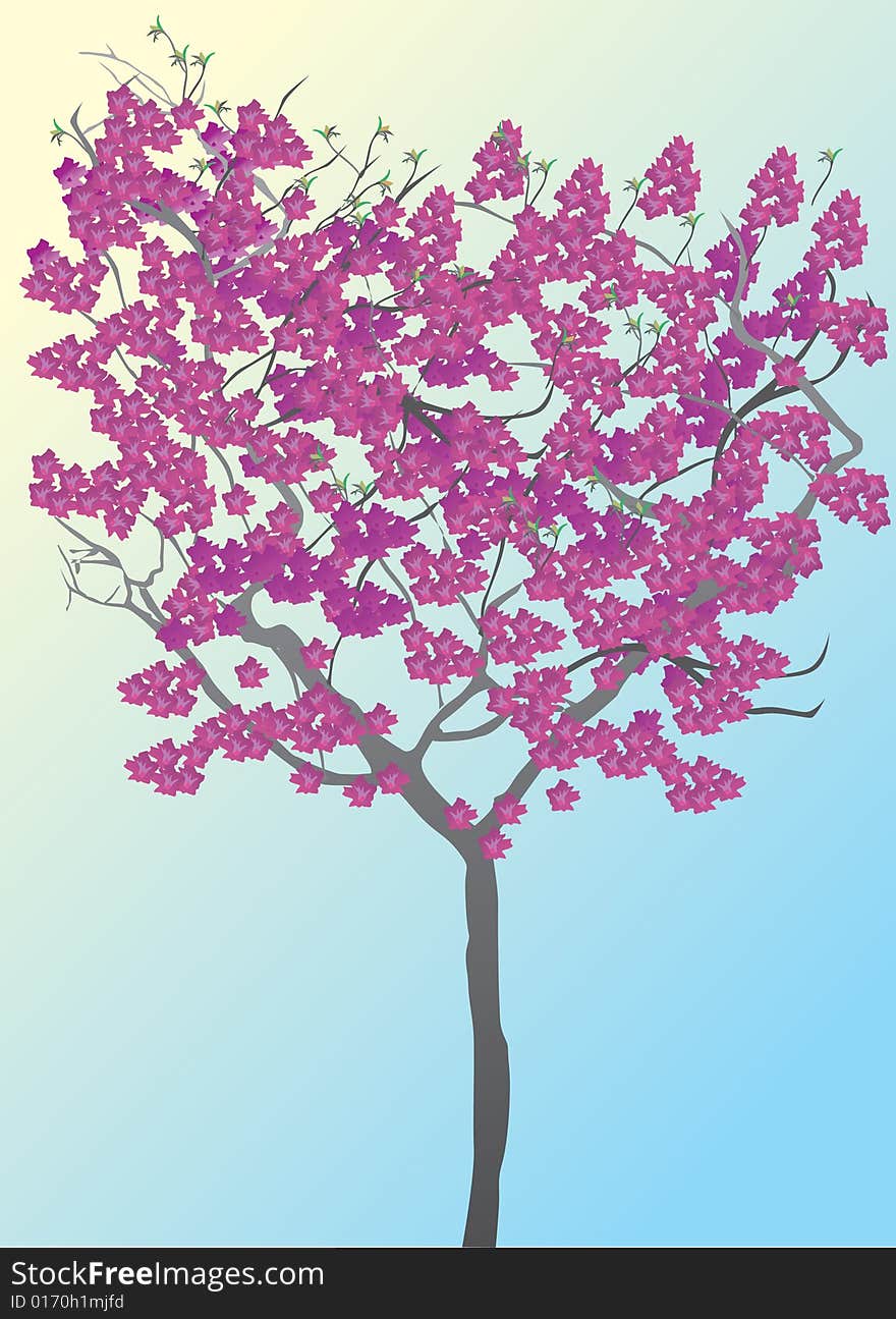 Illustration with pink tree on blue background