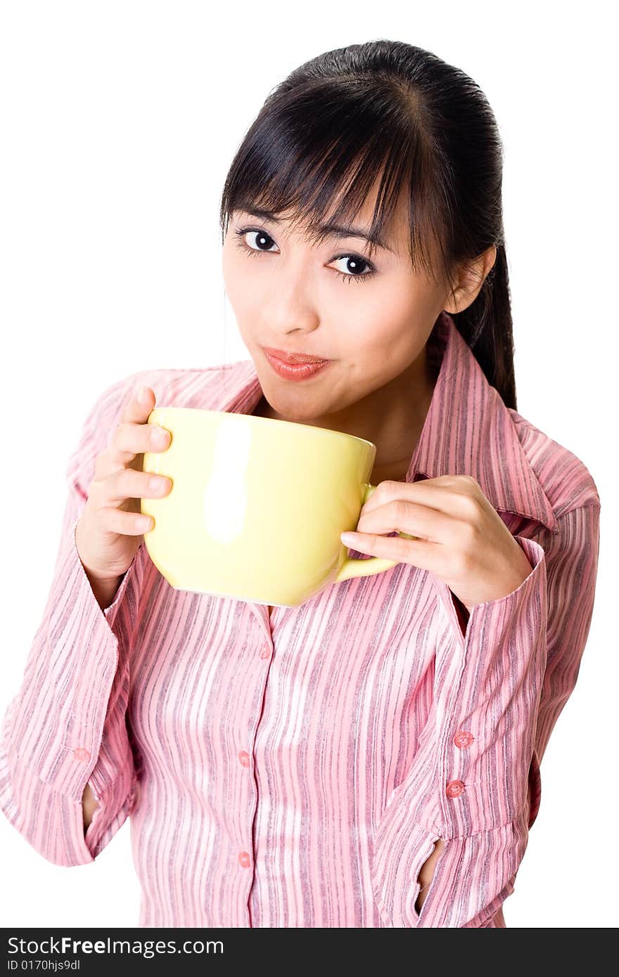 Cute face Asian businesswoman drinking a cup of tea. Cute face Asian businesswoman drinking a cup of tea