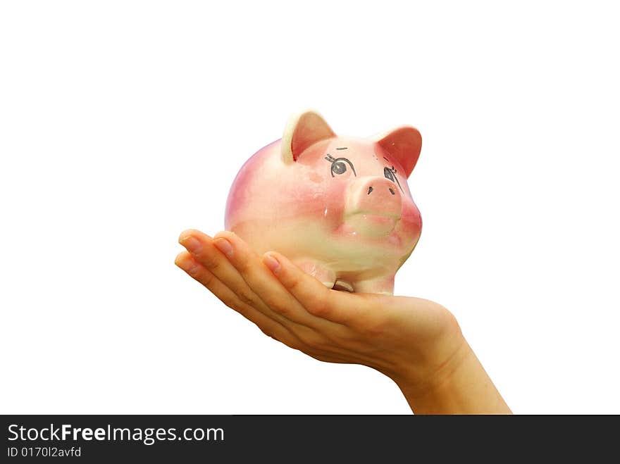 Saving money woman hands holding piggy bank. Saving money woman hands holding piggy bank