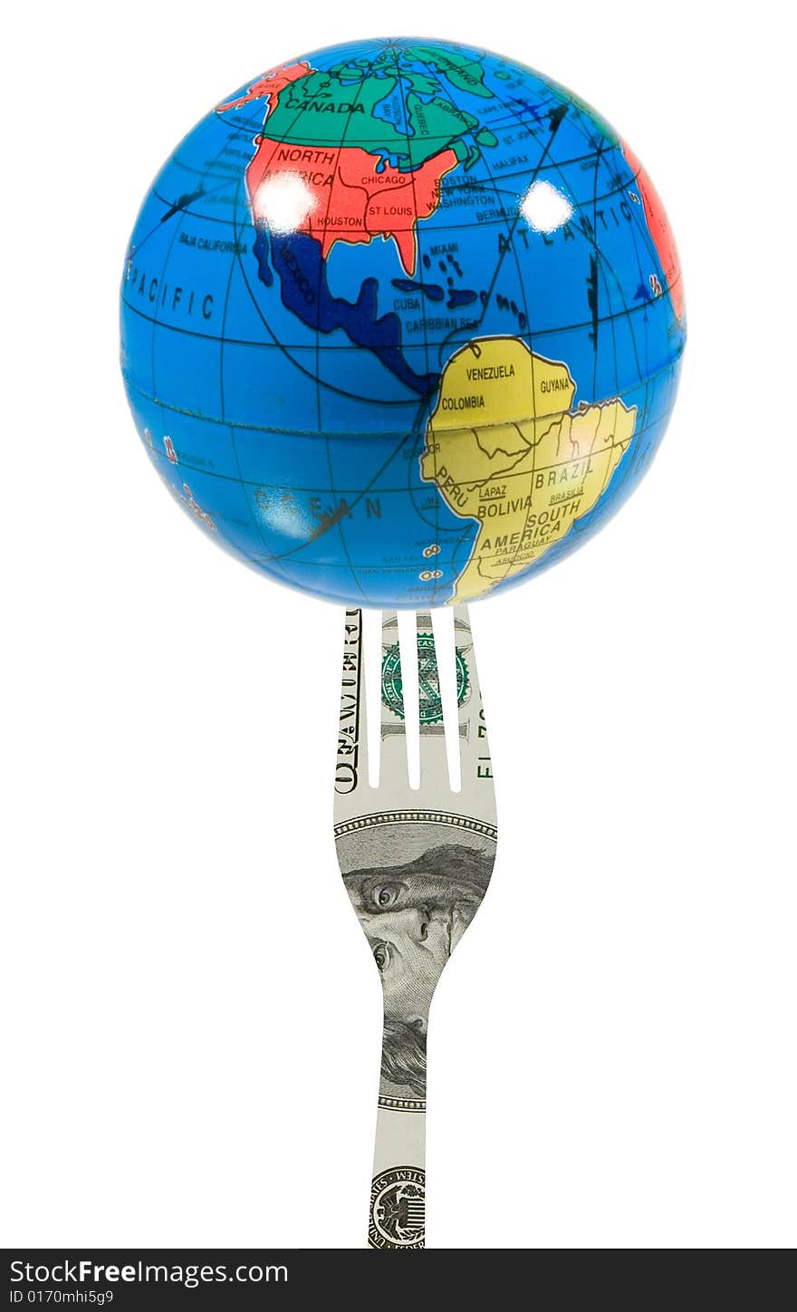 Globe on a fork made of US dollars