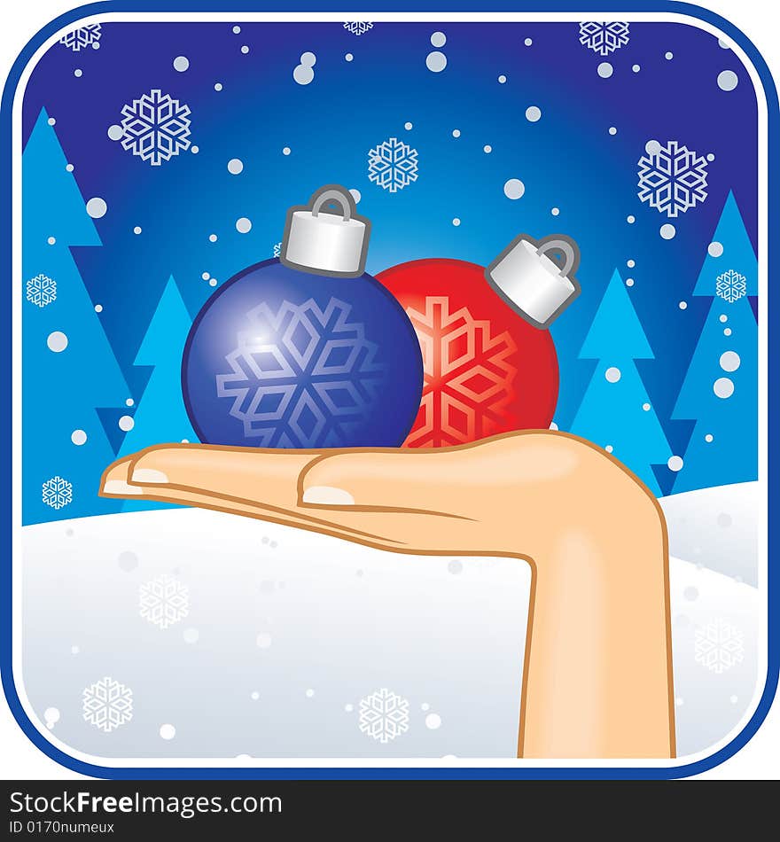 Greeting card with female hand holding christmas-tree decorations on the snowy background. Greeting card with female hand holding christmas-tree decorations on the snowy background