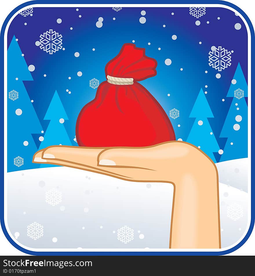 Greeting card with female hand holding small bag full of gifts on the snowy background. Greeting card with female hand holding small bag full of gifts on the snowy background